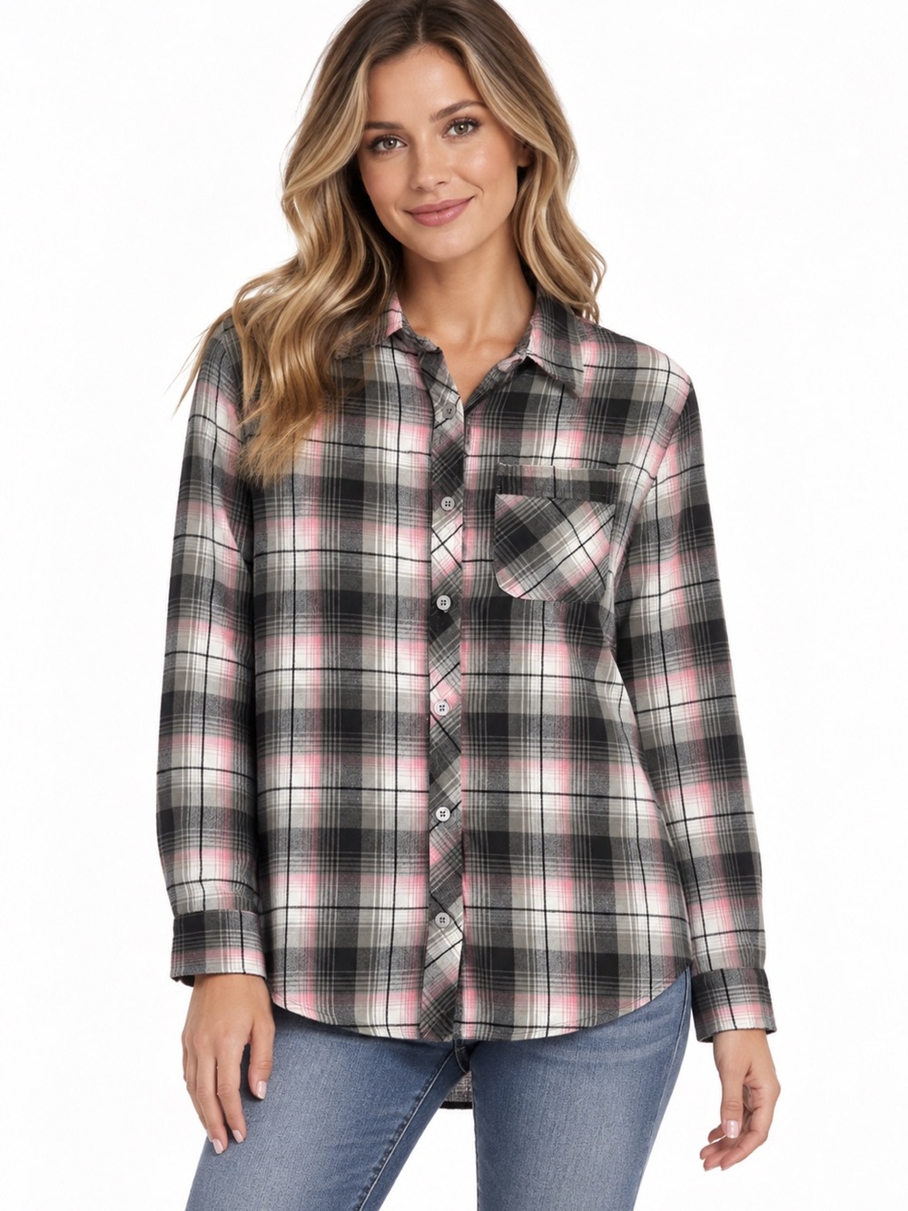 KEREN hart Pink Gray White Plaid Button-Down Shirt